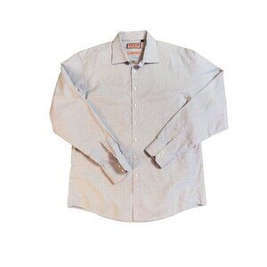 Thomas PINK Shirt Men Extra Slim Fit 17.5 Blue Geometric 100% Cotton Long Sleeve